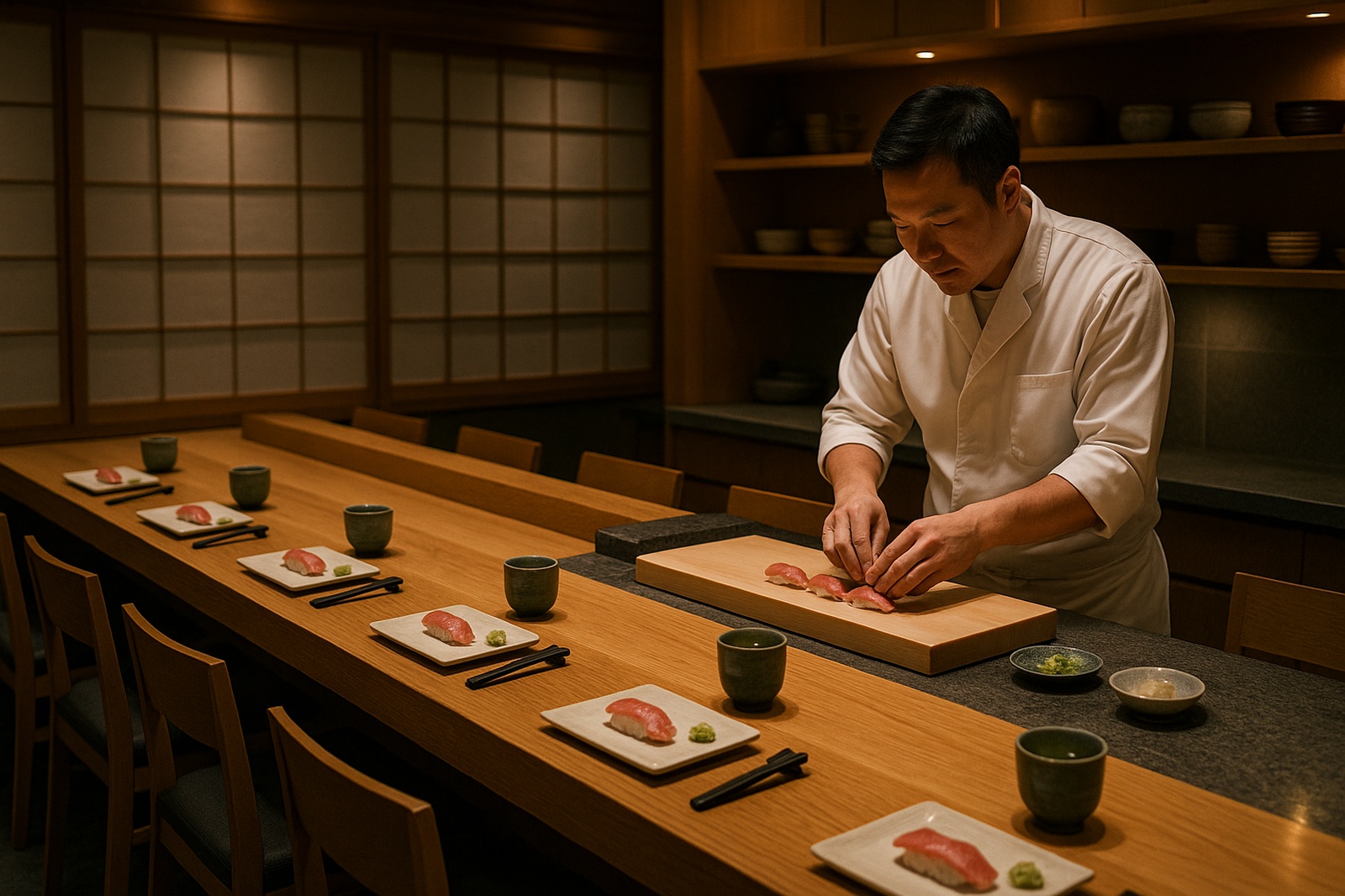 sushi chef preparing sushi langley dining table Best Sushi in Vancouver A sushi chef carefully preparing nigiri at a Vancouver omakase counter, with individual place settings laid out