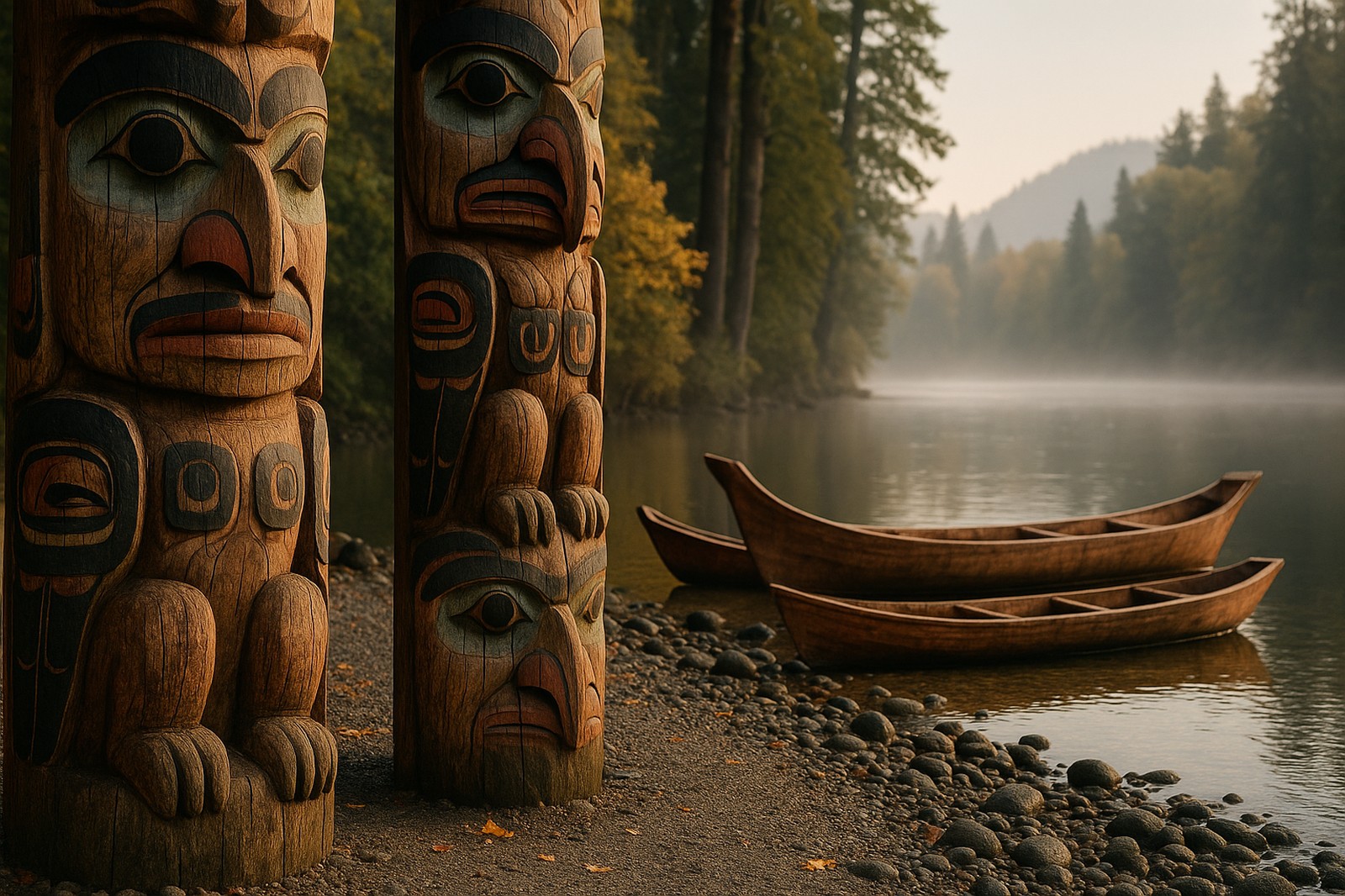 totem poles and wooden boats along river directory Educational Fun for Kids Vancouver BC Wooden totem poles and cedar canoes along a Vancouver riverbank with mountains beyond