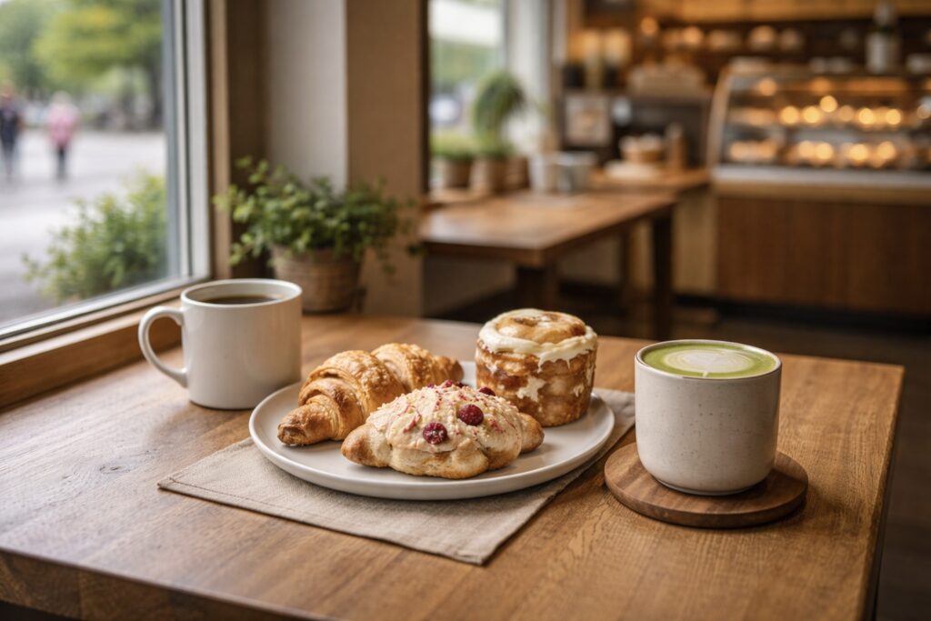 breakfast treats at cafe in maple ridge with coffee and pastries Vancouver: Neighbourhood Food Tour breakfast treats at cafe in maple ridge with coffee and pastries