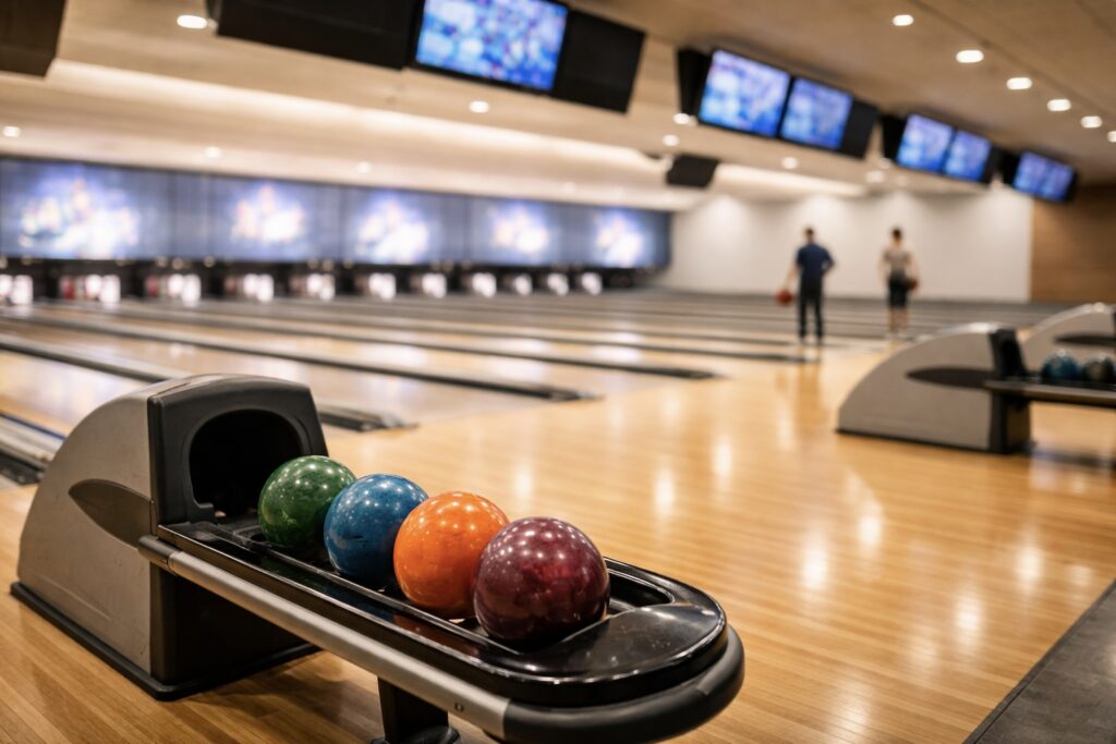 colorful bowling balls on rack in modern bowling alley directory