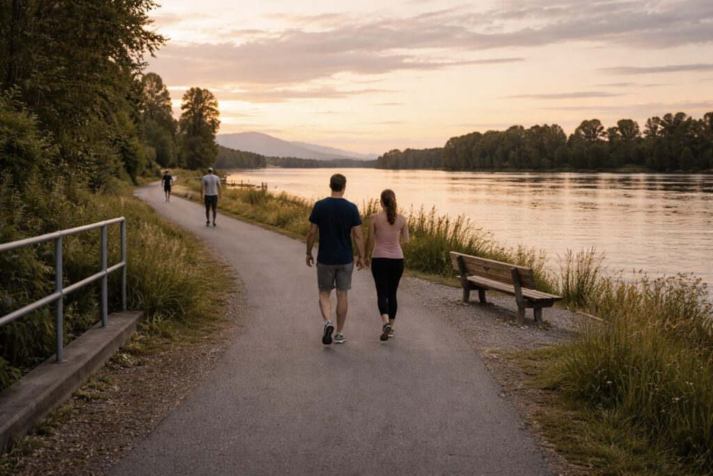 couple walking by river at sunset directory