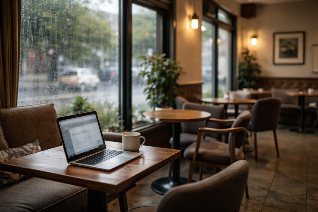cozy cafe table laptop coffee rainy day directory