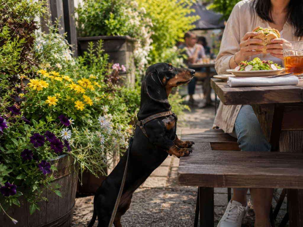 dog waiting for food at cafe in vancouver local garden setting Where to Eat With Your Dog in Vancouver BC dog waiting for food at cafe in vancouver local garden setting Where to Eat With Your Dog in Vancouver BC