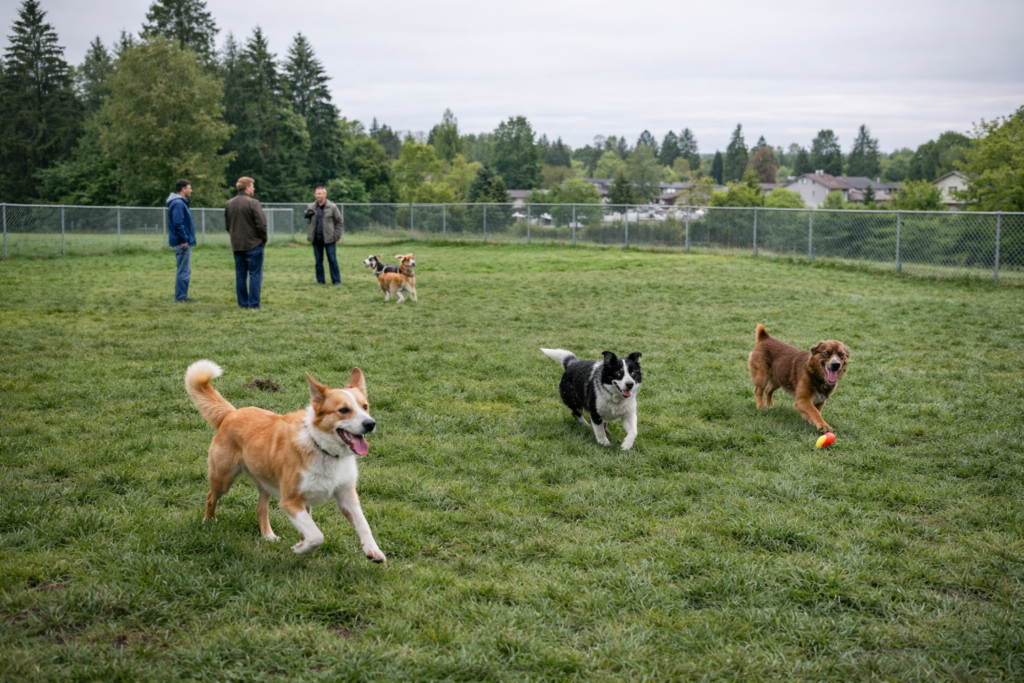 dogs playing at park in maple ridge with people and trees Vancouver Dog Parks & Pet Services dogs-playing-at-park-in-maple-ridge-with-people-and-trees