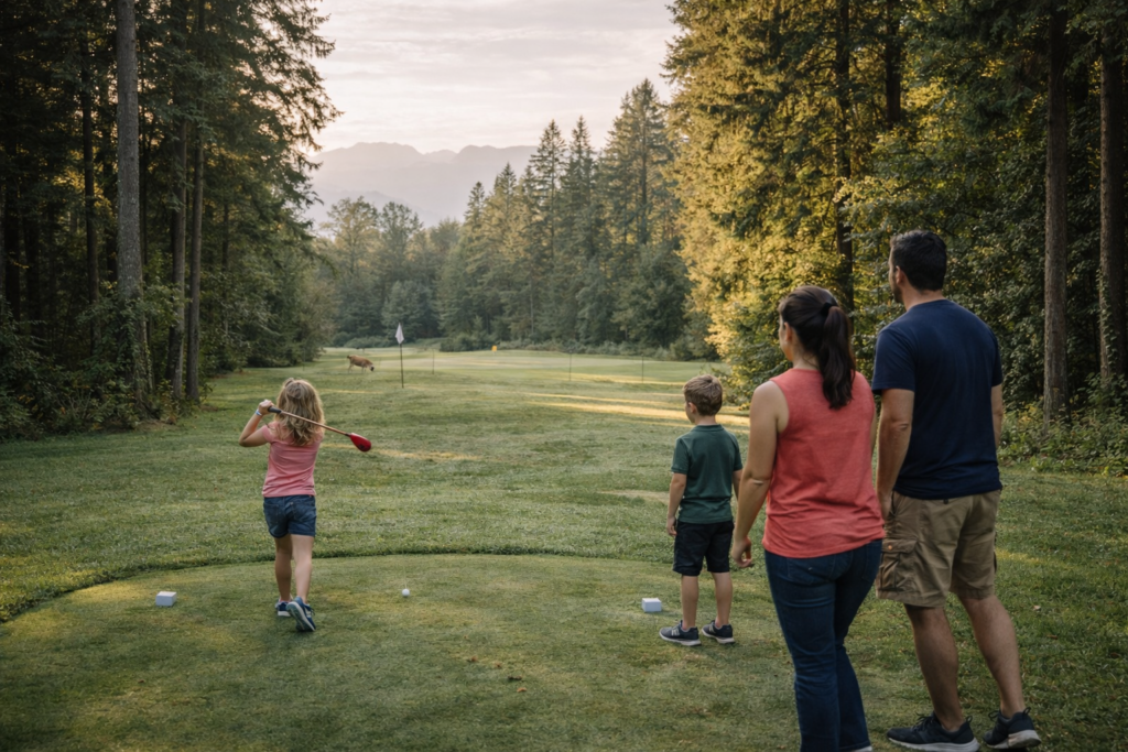 family-golfing-in-maple-ridge-park-with-deer-in-background