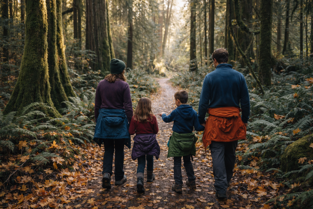 family hiking in the forest maple ridge autumn leaves Vancouver BC Fall Fun Family Activities family-hiking-in-the-forest-maple-ridge-autumn-leaves