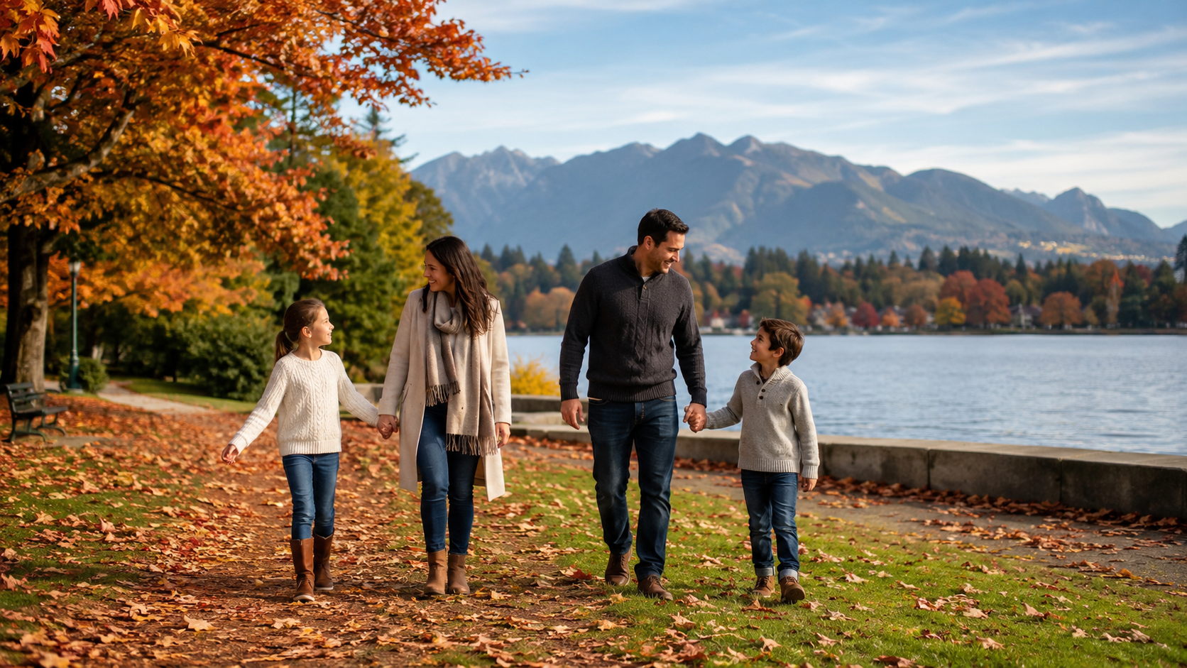 family walking by lake in fall colors vancouver local Vancouver BC Fall Fun Family Activities family walking by lake in fall colors vancouver local Vancouver BC Fall Fun Family Activities