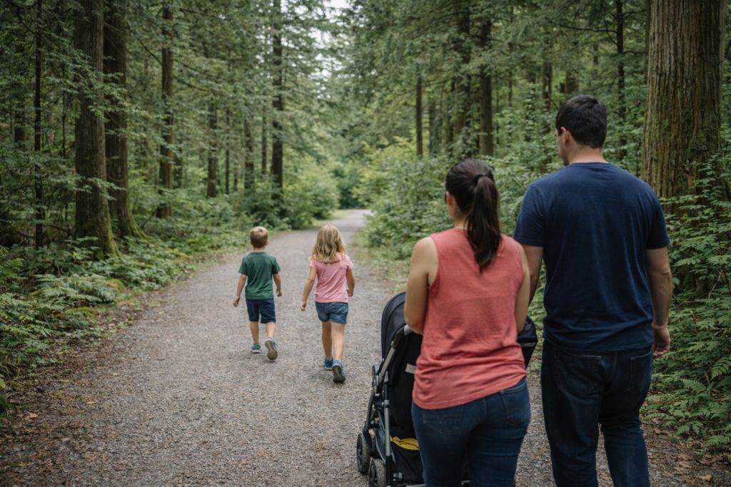 family walking in the forest maple ridge nature trail Parks In Vancouver for family outings family-walking-in-the-forest-maple-ridge-nature-trail