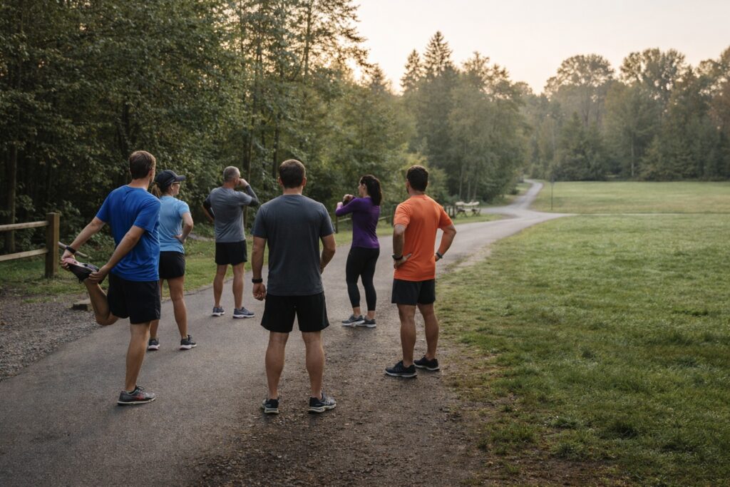 group of runners stretching in nature directory