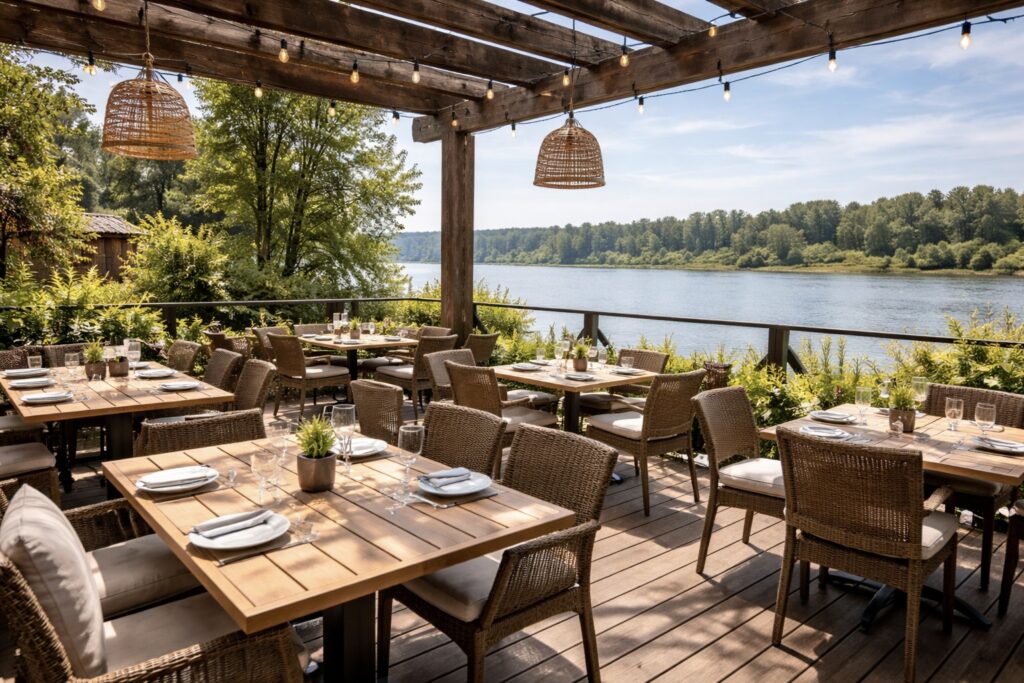 outdoor dining area at maple ridge restaurant by river