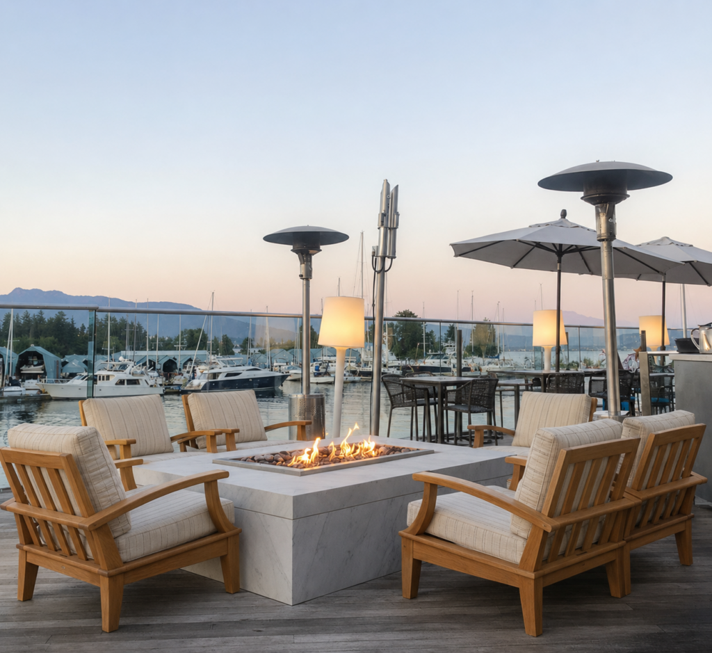 outdoor firepit seating area vancouver local waterfront view Vancouver BC Patios worth knowing about