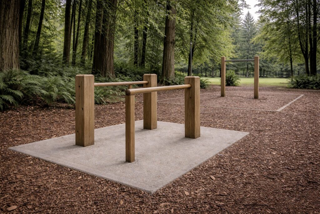 outdoor fitness area maple ridge wooden bars green space
