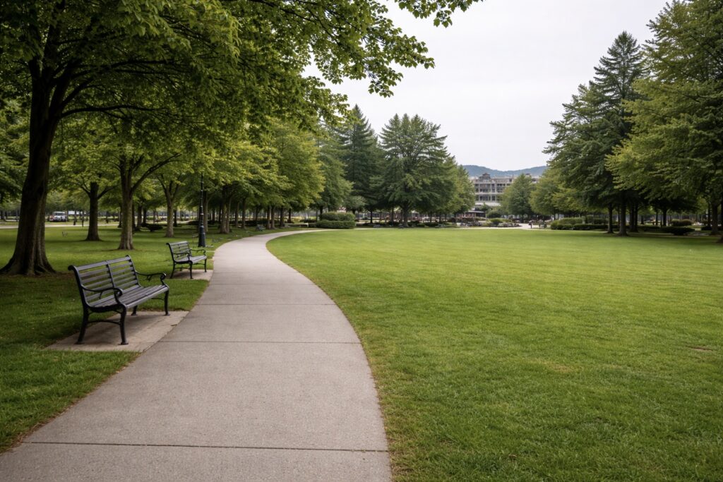 scenic pathway in park with benches maple ridge greenery 2023