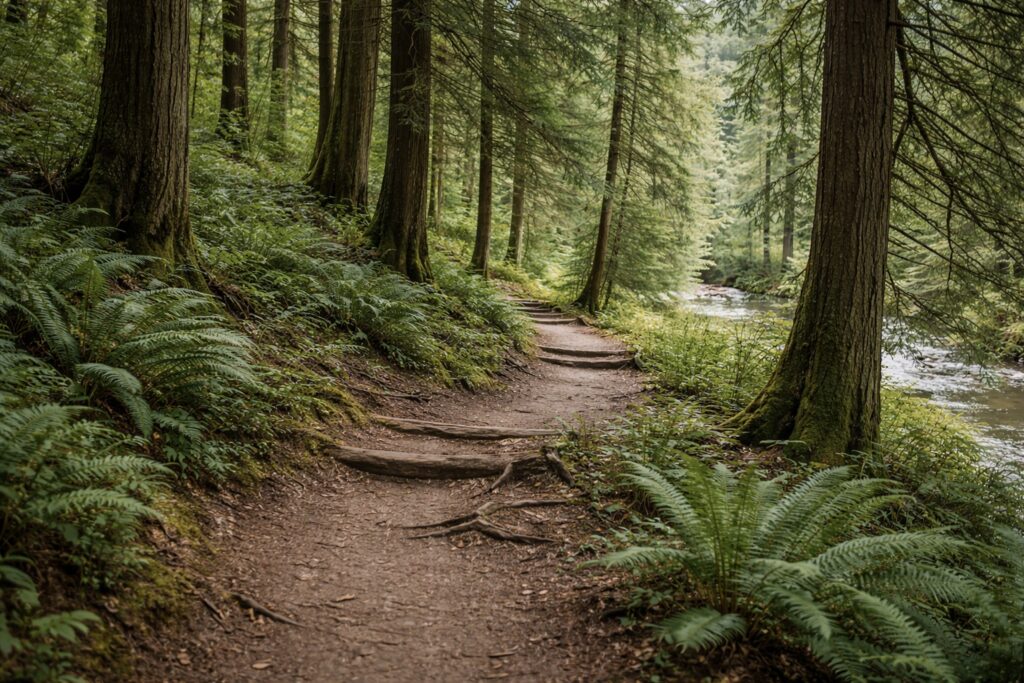 serene forest path next to river directory