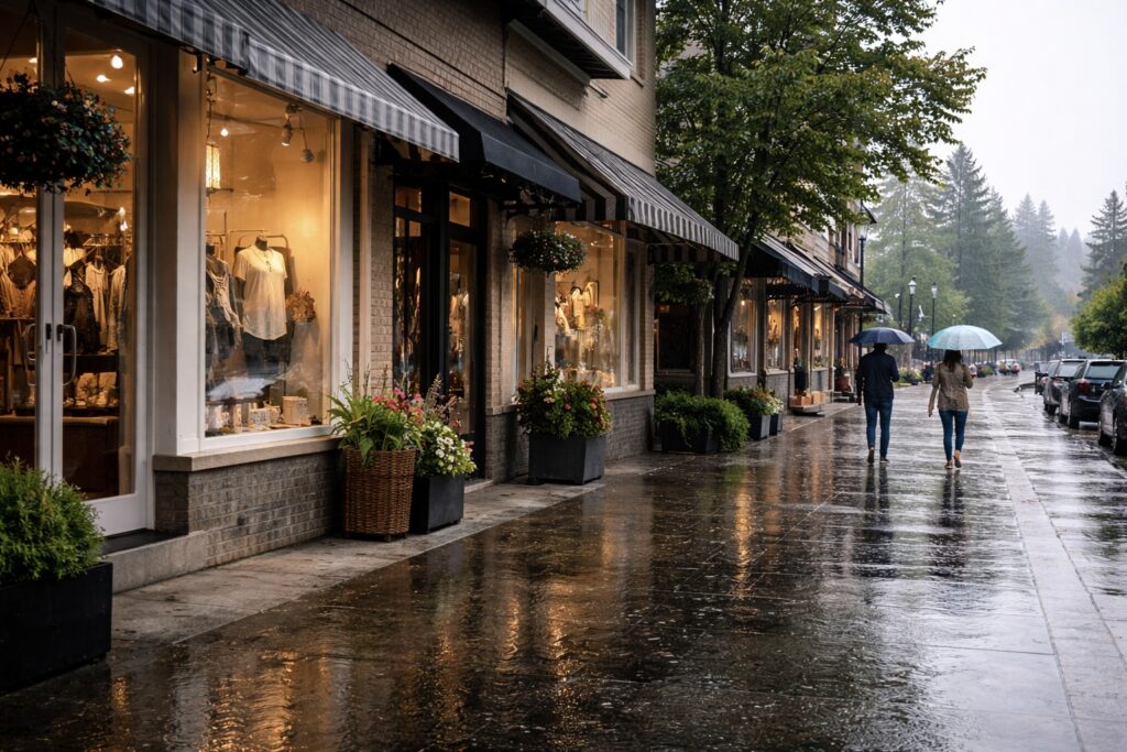 shopping street in the rain maple ridge pleasant atmosphere