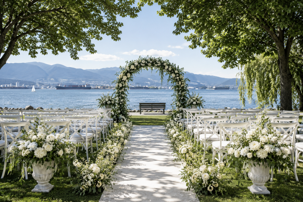 wedding ceremony beachside vancouver local scenery flowers decoration Best Vancouver BC Wedding Venue