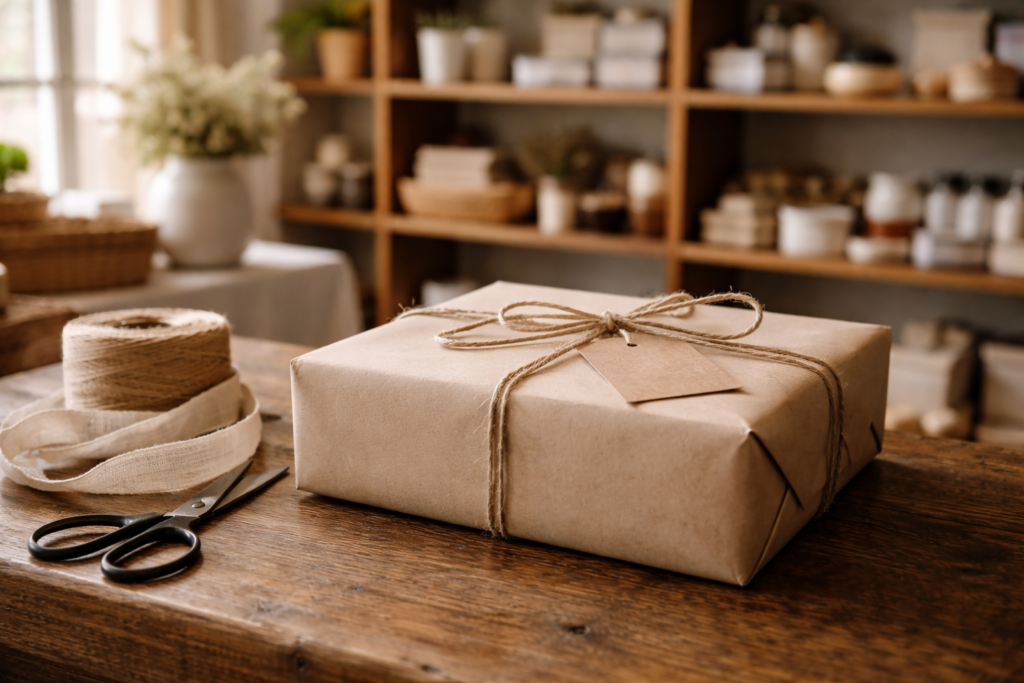 wrapped-t-on-wooden-table-with-business-supplies-business