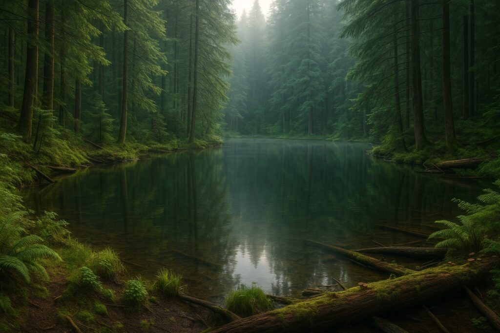 misty forest reflection local lake scenery | GPS: 49.111188, -122.576648 misty forest reflection local lake scenery | GPS: 49.111188, -122.576648