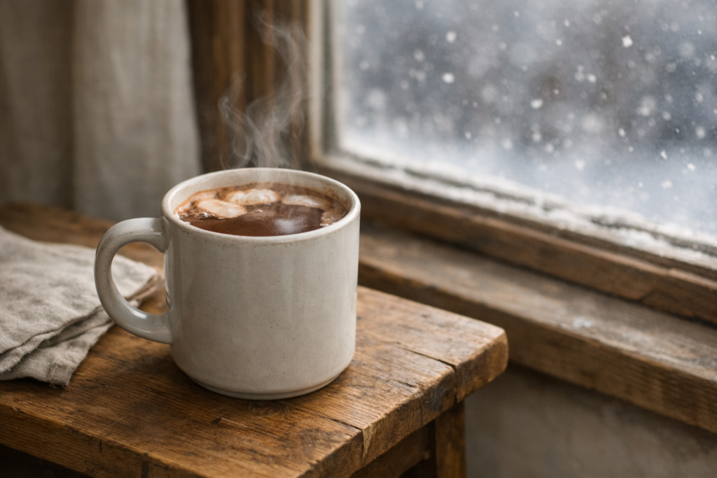 steaming-coffee-mug-on-wooden-table-window-snow-business