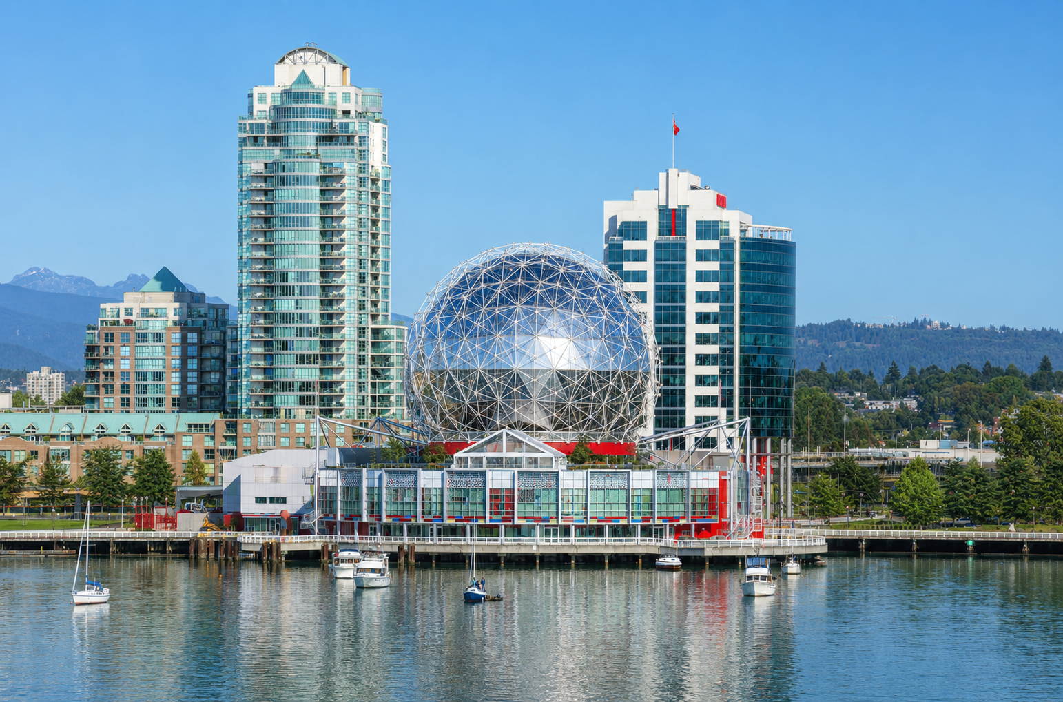 science world and skyline in vancouver local views and landmarks Educational Fun for Kids Vancouver BC Science World's iconic geodesic dome on Vancouver's False Creek skyline at dusk