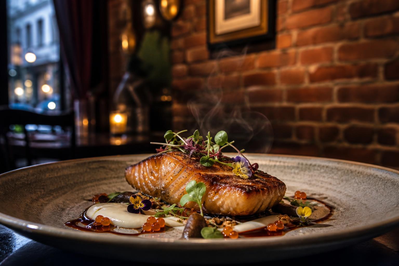 gastown Downtown Vancouver BC Food Guide Best Restaurants Seared Pacific salmon with microgreens and edible flowers on a plate against an exposed brick wall