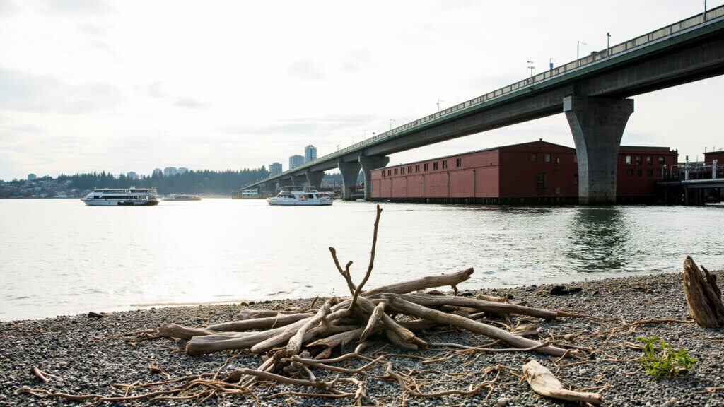 Granville Island Public Market exterior with False Creek and city view