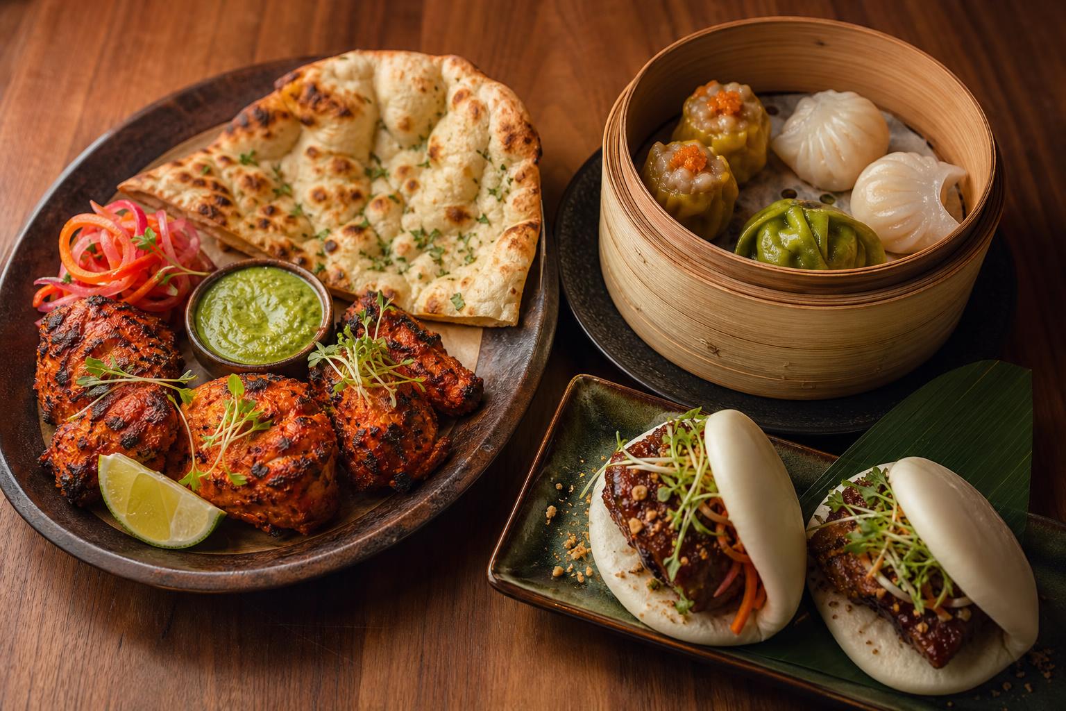 international Downtown Vancouver BC Food Guide Best Restaurants Tandoori chicken with naan, dim sum, and bao buns on a wooden restaurant table