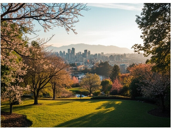 queen elizabeth park viewpoint vancouver Vancouver BC Photo Spots Beautiful Views Queen Elizabeth Park viewpoint with blooming trees and Vancouver skyline views