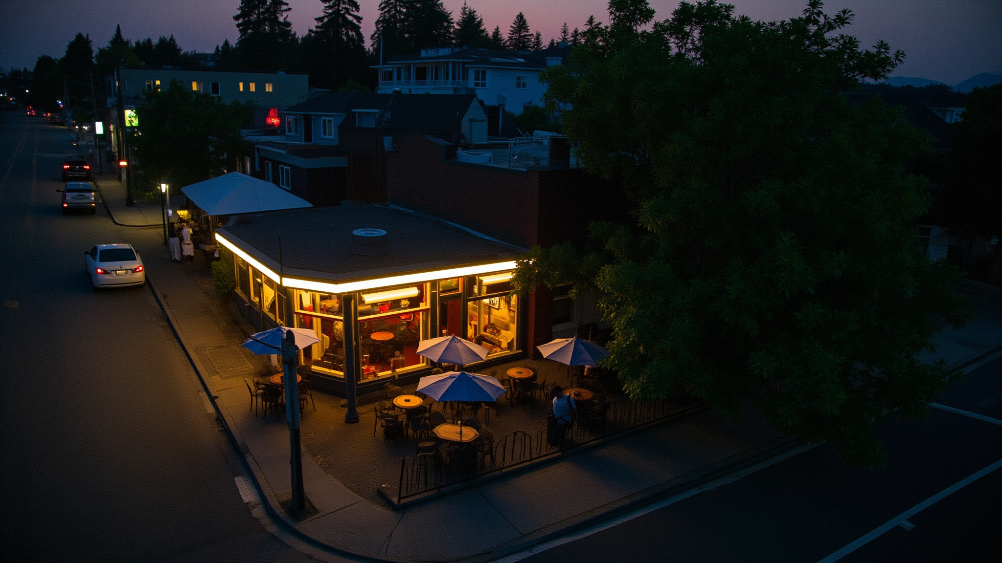 Aerial view of Vancouver outdoor restaurant patio at dusk