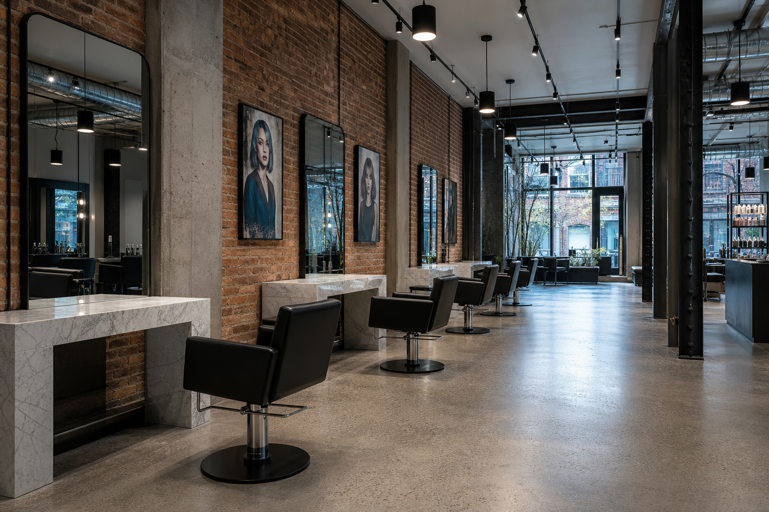 shop3 Top Hair Salons in Vancouver IS. Salon on Hamilton Street with modern industrial interior and marble stations