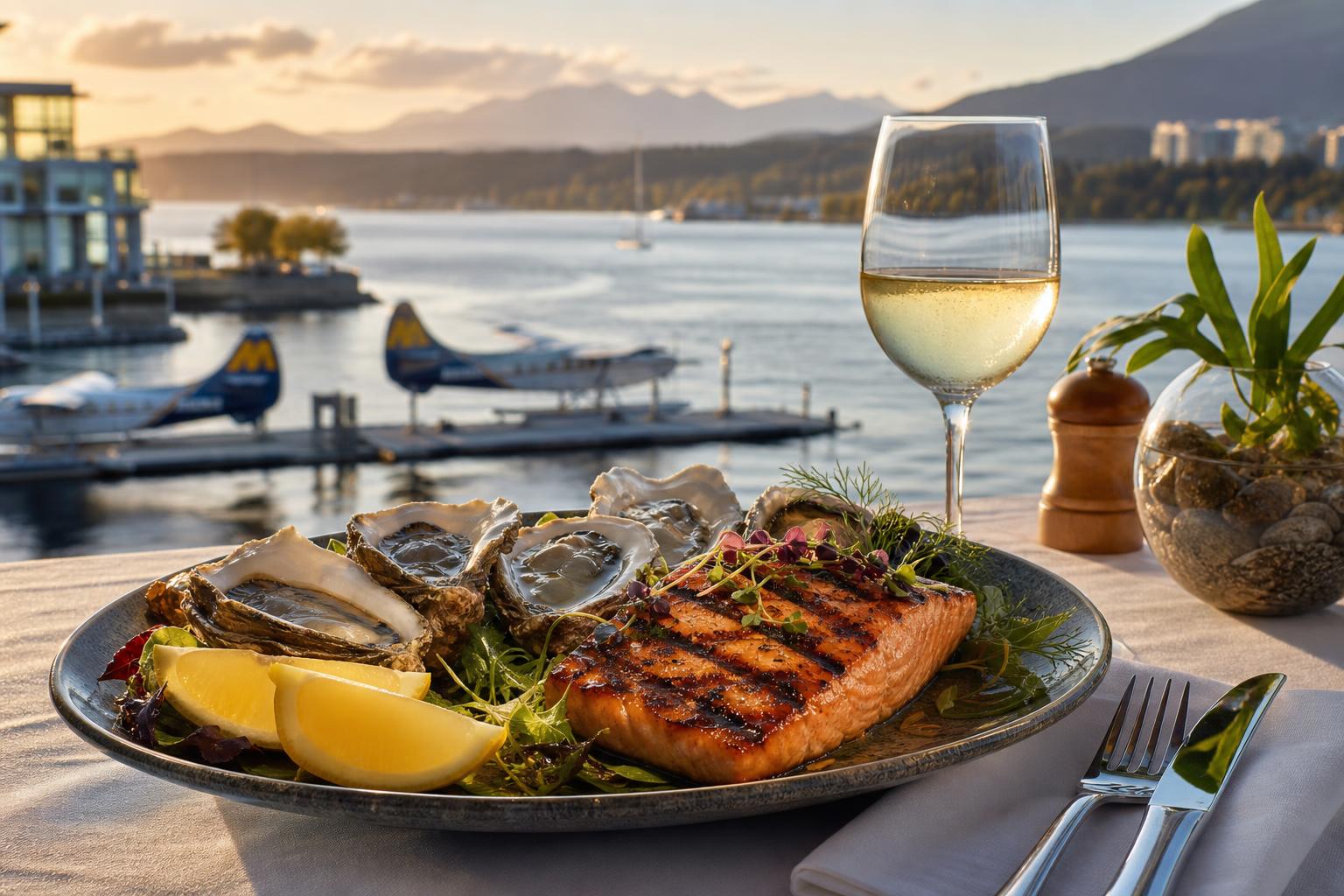 waterfront Downtown Vancouver BC Food Guide Best Restaurants Plated grilled salmon, oysters, and white wine with Coal Harbour marina and mountains in the background