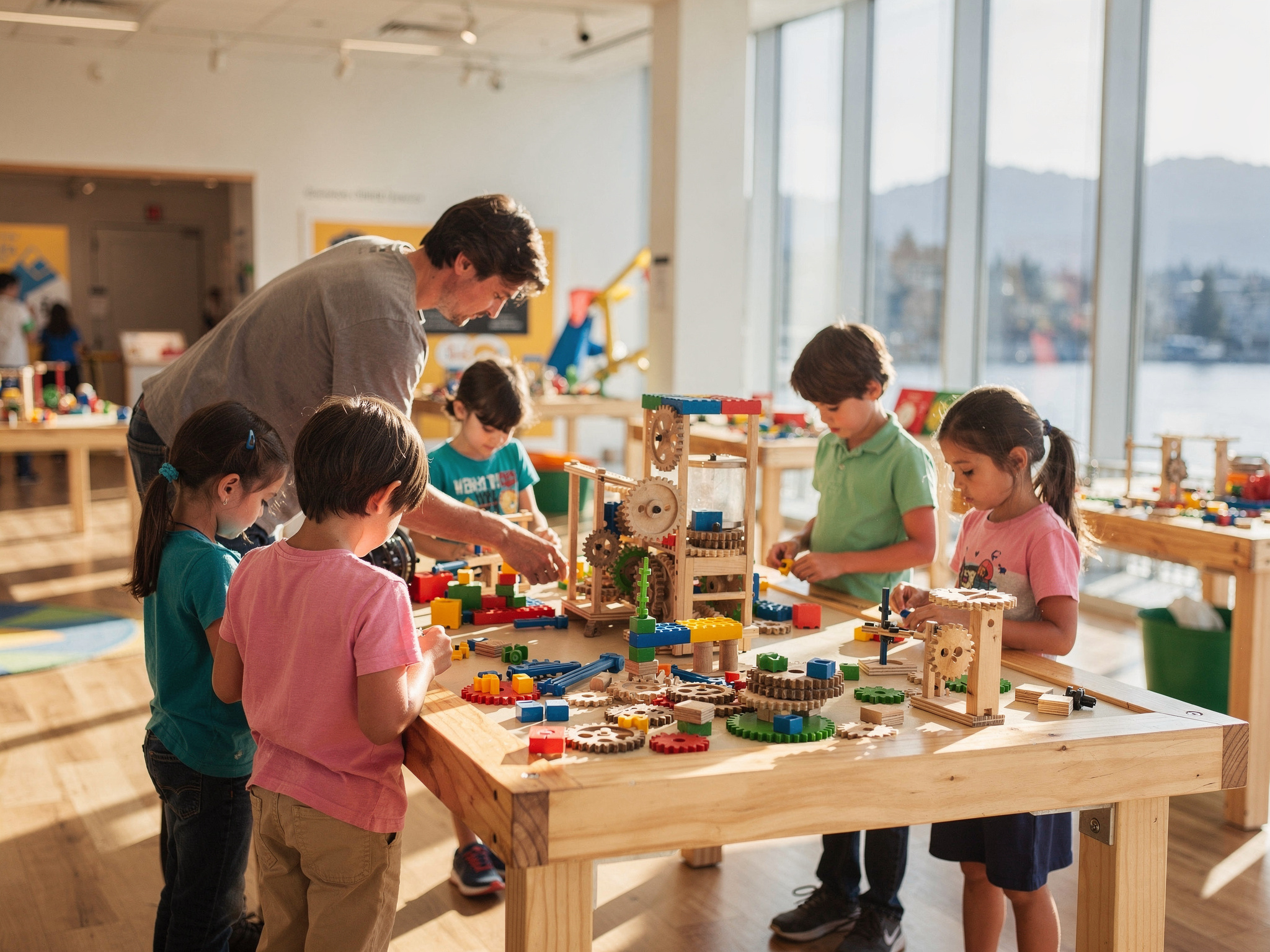 educational fun at a glance v2 Educational Fun for Kids Vancouver BC Kids and a parent building with wooden gears and blocks at a hands-on learning table in a Vancouver science centre