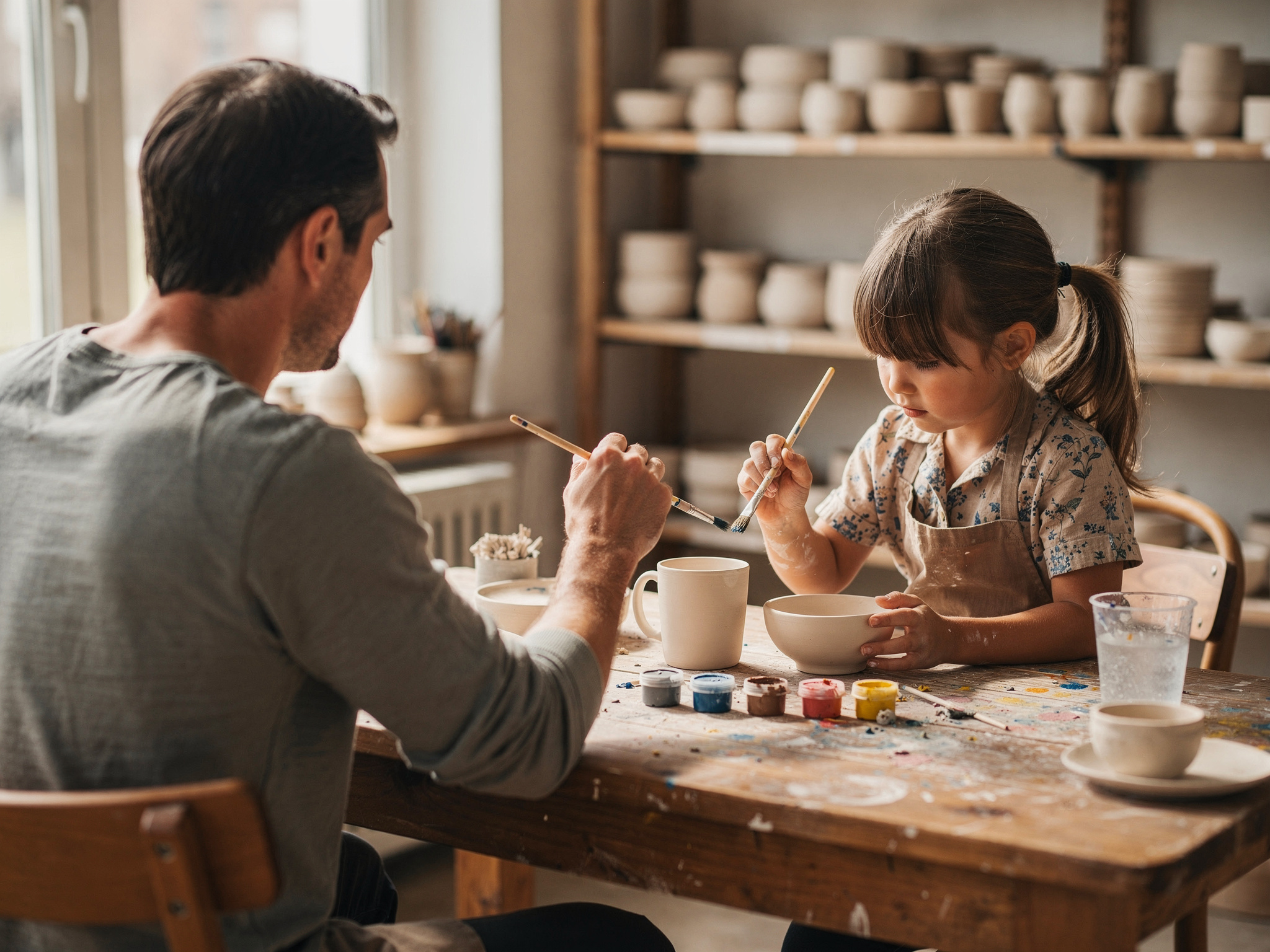 father daughter art time vancouver local painting ceramics v2 Vancouver BC Art Spots and Pottery Painting Father and daughter painting pottery together at a table in a Vancouver ceramics studio