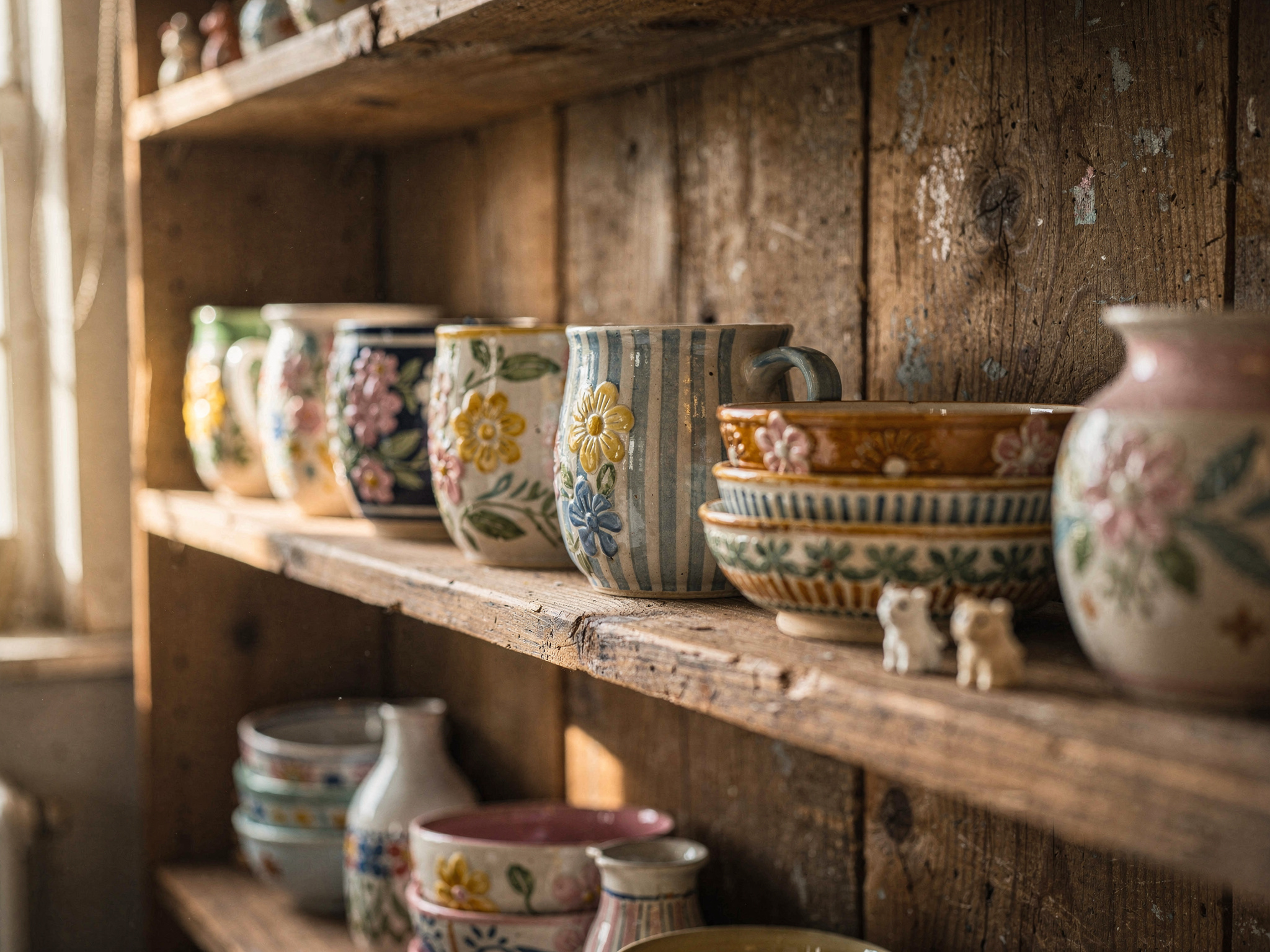 hand painted ceramics display vancouver local v2 Vancouver BC Art Spots and Pottery Painting Shelf of hand-painted ceramic mugs, bowls and vases in a Vancouver pottery studio
