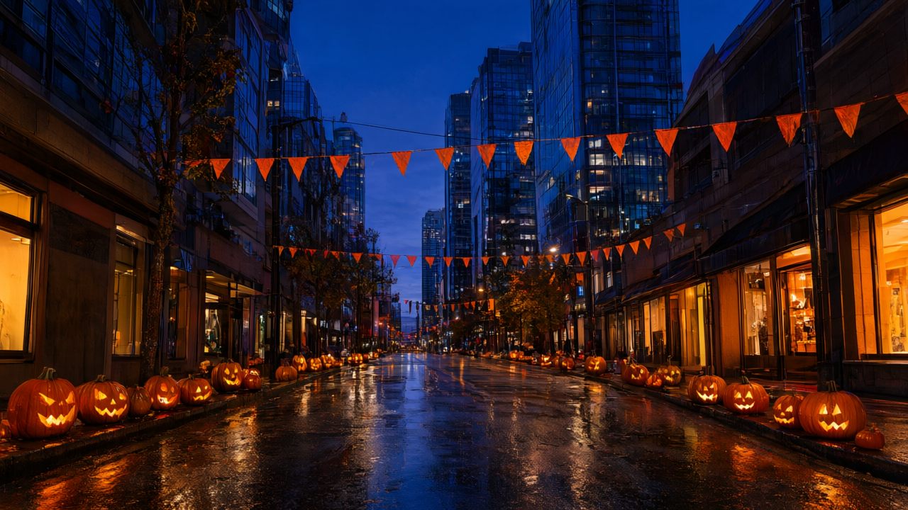 A downtown Vancouver British Columbia main street at dusk on October 31, strung with orange Halloween bunting, carved pumpkins along the kerb, warm light from shop windows, wet pavement reflecting the decorations, high-rise buildings behind