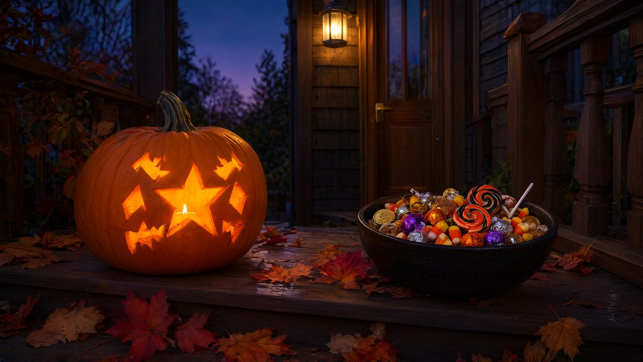 A bowl of Halloween sweets and a lit carved pumpkin on a front step of a Vancouver British Columbia house at dusk, warm porch light, autumn leaves