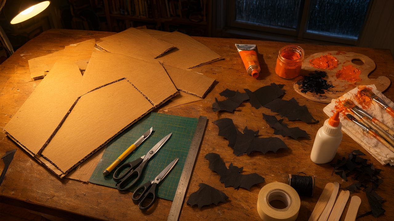 Homemade Halloween costume craft supplies laid out on a workbench in a Vancouver British Columbia apartment, paper bats, orange paint and cardboard under a warm lamp