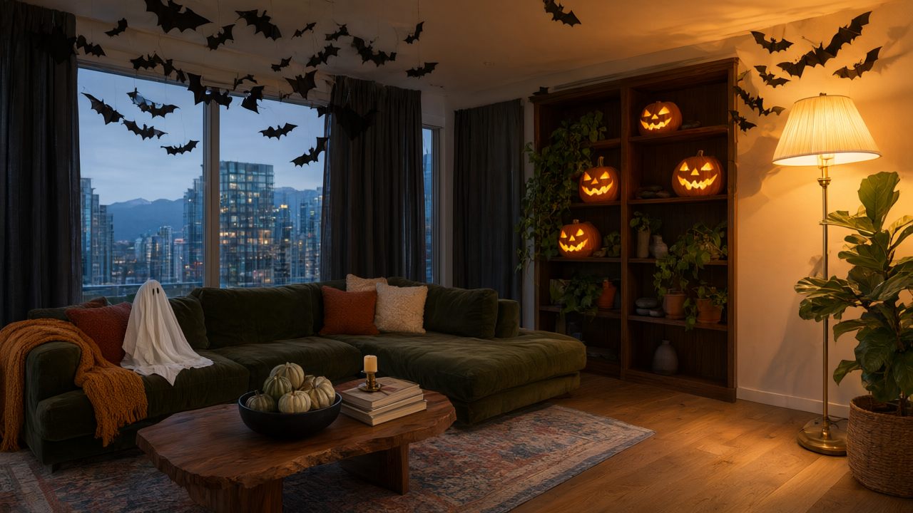 A living room in a Vancouver British Columbia apartment decorated for Halloween, paper bats hanging from the ceiling and lit carved pumpkins on a shelf