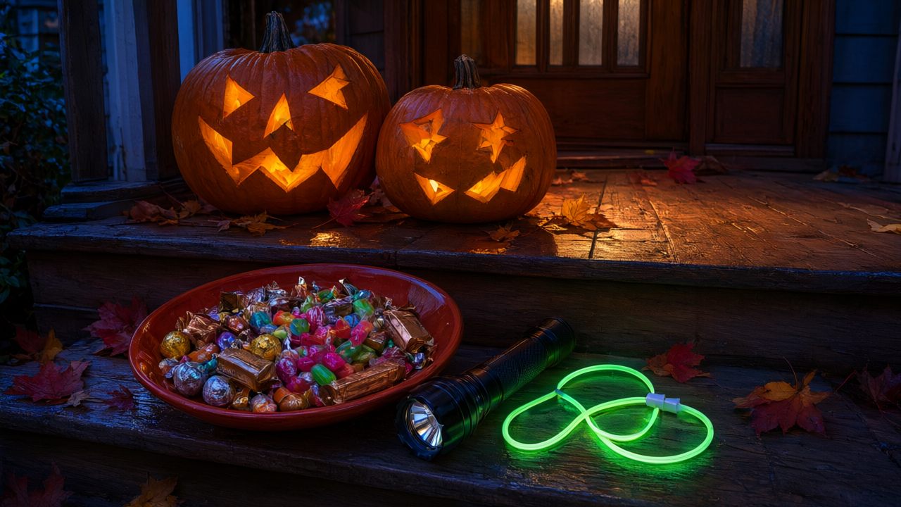 Trick-or-treating safety gear on a doorstep in Vancouver British Columbia, a flashlight and a glow necklace beside a bowl of sweets, pumpkins glowing on the step behind