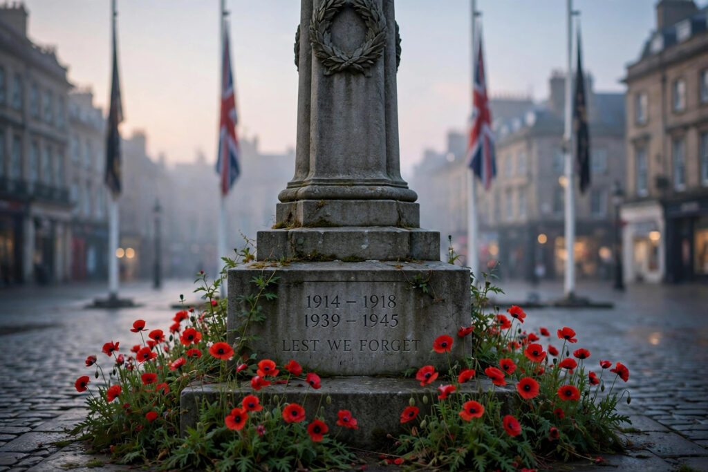 A stone war memorial with red poppies at its base in a city square at dawn, flags at half-mast blurred behind, no people