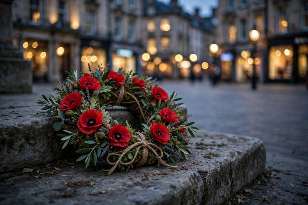 A red poppy wreath on a stone step in a downtown city square at dusk, city lights blurred behind, no people