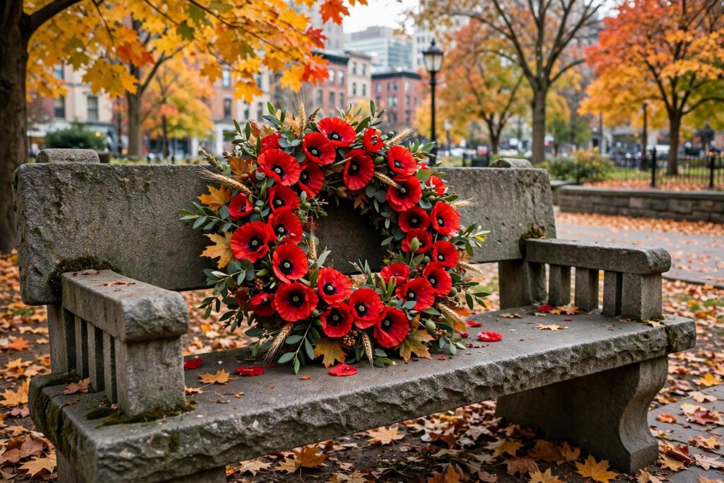 A red poppy wreath on a stone bench in a downtown park, autumn maple trees, no people