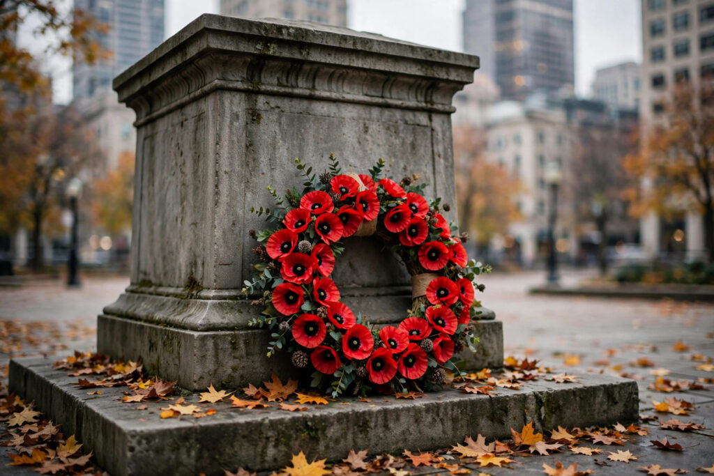 A red poppy wreath against a stone cenotaph in a downtown city square with tall buildings blurred behind, autumn leaves, no people